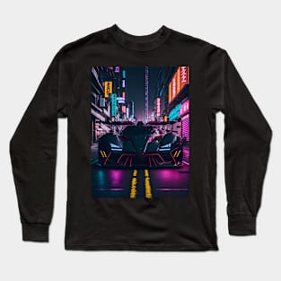 Dark Neon Sports Car in Japanese Neon City Long Sleeve T-Shirt